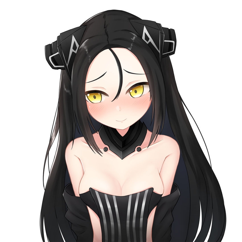 ... 1girl android bare_shoulders black_hair blush breasts cleavage collarbone commentary detached_sleeves dreamer_(girls_frontline) forehead girls_frontline hair_between_eyes highres huomao_(akcat) long_hair looking_away medium_breasts revealing_clothes sangvis_ferri simple_background smile white_background