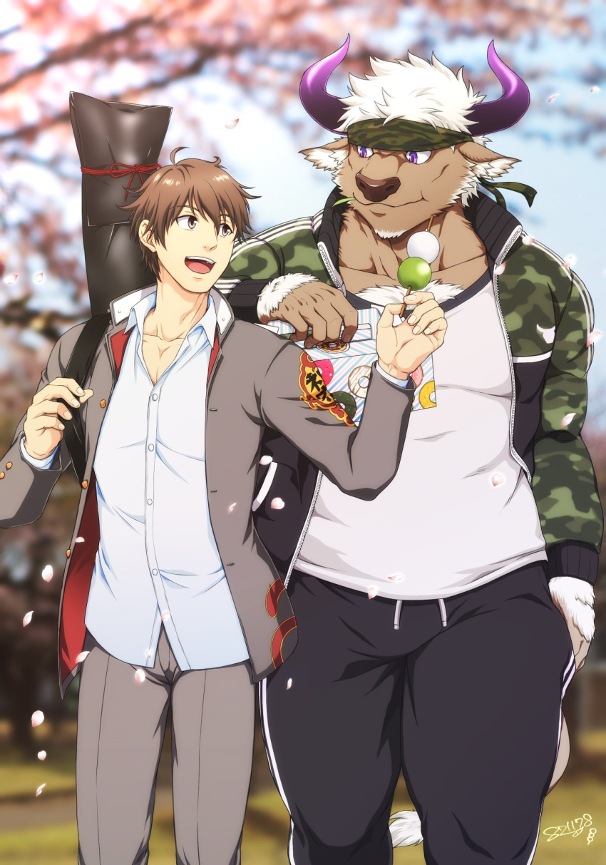 1461_1641 accessory anthro bovid bovine camo cattle dango_(food) headband hi_res horn human human_on_anthro interspecies male male/male mammal muscular muscular_anthro muscular_male pecs protagonist_(tas) romantic_couple shennong tokyo_afterschool_summoners twink_protagonist_(tas) video_games