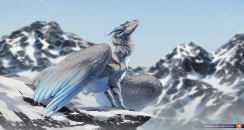 darkflamewolf dragon feathered_wings feathers female feral fur furred_dragon horn landscape llydia_the_fluff_dragon_(darkflamewolf) mountain snow solo spread_wings wia wings