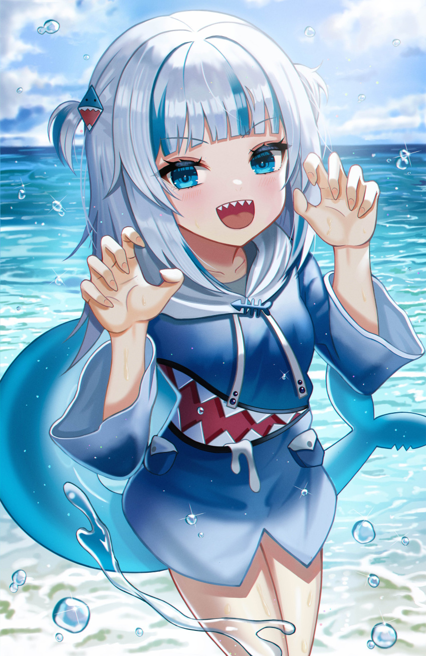 1girl :d absurdres bangs beach blue_eyes blue_hoodie blunt_bangs breasts claw_pose cloud cloudy_sky collarbone cowboy_shot day droplets eyebrows_visible_through_hair fingernails fish_tail gawr_gura glint gradient_clothes hair_ornament hands_up highres hololive hololive_english hood hoodie horizon light_blush long_hair multicolored_hair open_mouth outdoors poise shark_hair_ornament shark_tail sharp_teeth silver_hair sky small_breasts smile solo streaked_hair tail teeth two_side_up v-shaped_eyebrows water