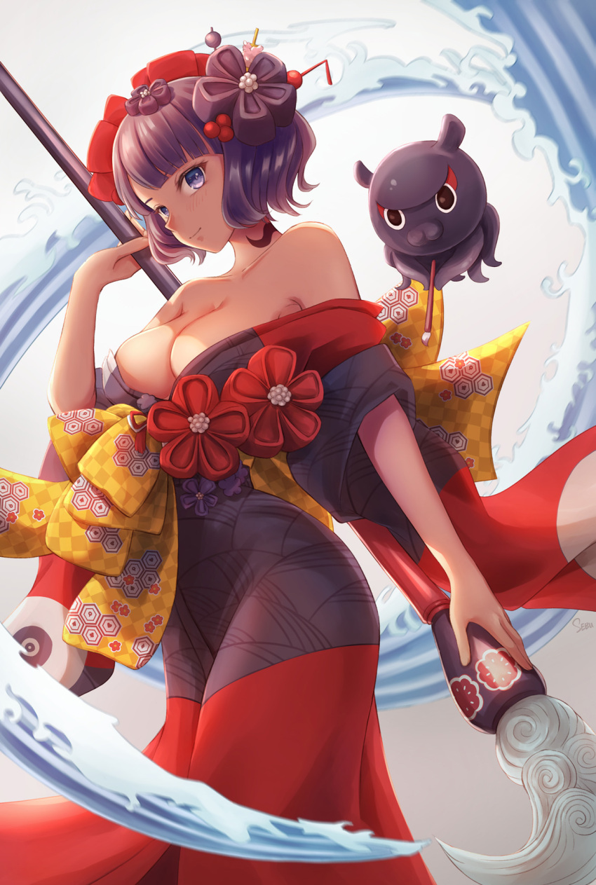 1boy 1girl artist_name bangs bare_shoulders black_hair blue_eyes blush breasts cleavage collarbone commentary_request eyebrows_visible_through_hair fate/grand_order fate_(series) flower hair_flower hair_ornament highres holding holding_paintbrush japanese_clothes katsushika_hokusai_(fate) kimono medium_breasts octopus off-shoulder_kimono oversized_object paintbrush sebu_illust short_hair smile tokitarou_(fate) waves