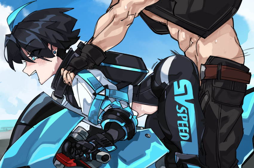 1boy 1girl ahoge aqua_eyes aqua_hair backpack bag bent_over biker_clothes black_gloves black_hair blue_sky blush clothed_sex commentary cropped_jacket day doggystyle earrings english_commentary eternal_return:_black_survival from_side gloves ground_vehicle hetero highres jacket jewelry magnus_(eternal_return) motor_vehicle motorcycle multicolored_hair muscular muscular_male on_motorcycle open_mouth outdoors pants sex sex_from_behind short_hair silvia_(eternal_return) sky sweat tight tight_pants two-tone_hair upper_teeth white_jacket zanamaoria