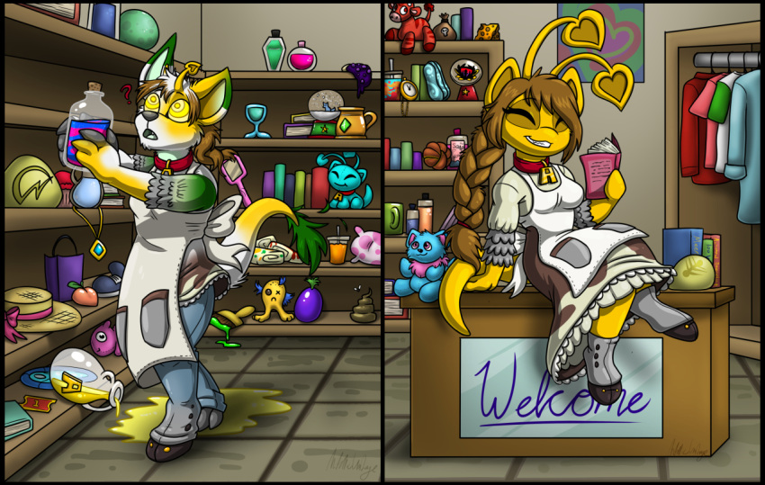 aisha_(neopets) anthro apron balls book bori_(neopets) bottle braided_hair brush clothing cup eyes_closed feces female food gender_transformation genitals hair hat headgear headwear inventory_aisha jumpstart_games male metallicumbrage mtf_transformation multi_ear neopet_(species) neopets paintbrush plushie potion rock sitting_on_table solo spilled_liquid spiral_eyes tail_fluff transformation transformation_sequence tuli_(metrohunter) video_games welcome