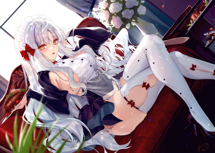 1girl alternate_costume backlighting bangs black_dress breasts caren_hortensia_(amor_caren) couch crossed_legs dress enmaided fate/grand_order fate/hollow_ataraxia fate_(series) flower food high_heels highres large_breasts legs long_hair long_sleeves looking_at_viewer maid maid_headdress obiwan open_mouth plate rose short_dress shrug_(clothing) sideboob sitting thighhighs third-party_edit vase wavy_hair white_flower white_hair white_legwear white_rose yellow_eyes