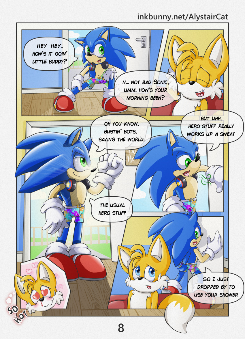 absurd_res alystaircat anthro blush bottomwear canid canine clothed clothing comic comic_page duo eulipotyphlan footwear fox fur gloves handwear headphones hedgehog hi_res male male/male mammal miles_prower shoes shorts socks sonic_the_hedgehog sonic_the_hedgehog_(series) young
