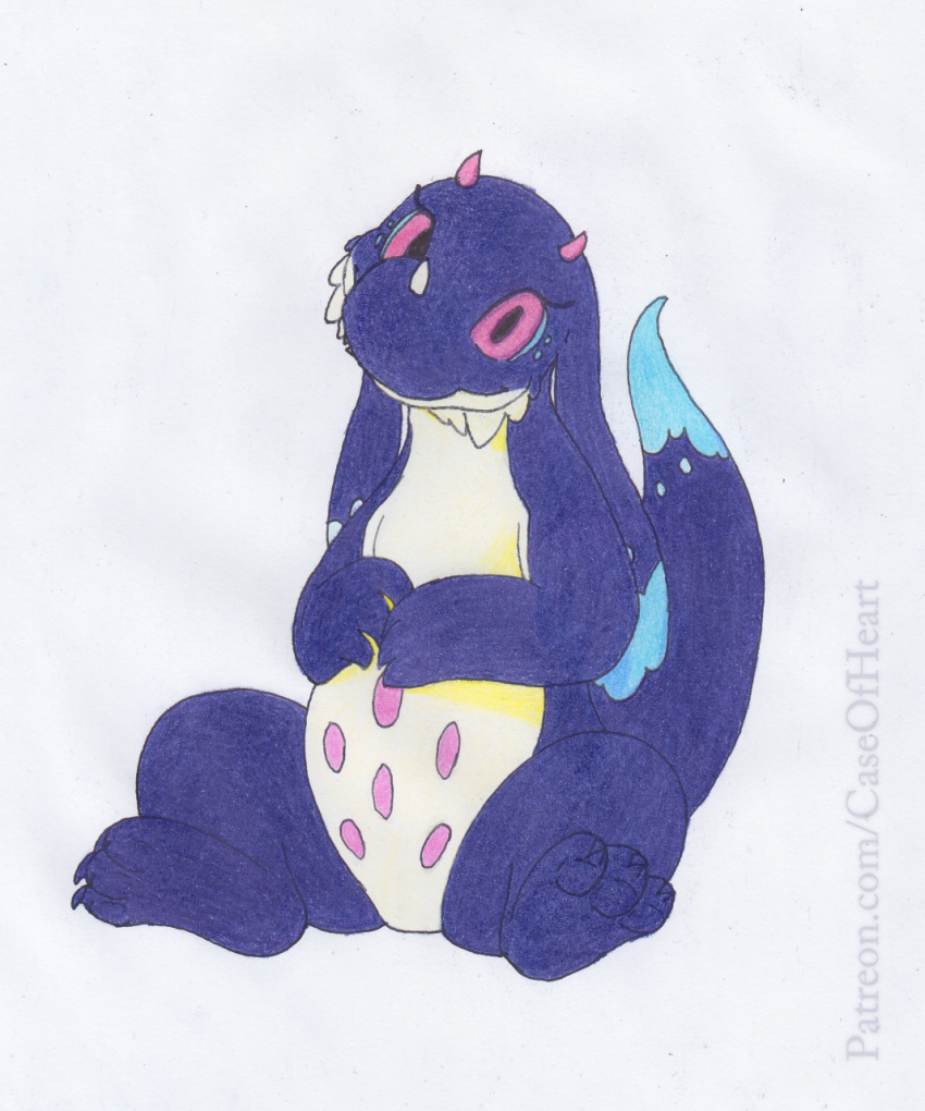 blue_body colored_pencil_(artwork) dragon drake_drachenlicht feirune female feral fur hi_res horn kumo_desu_ga_nani_ka? patreon purple_eyes sitting smile solo text traditional_media_(artwork) url