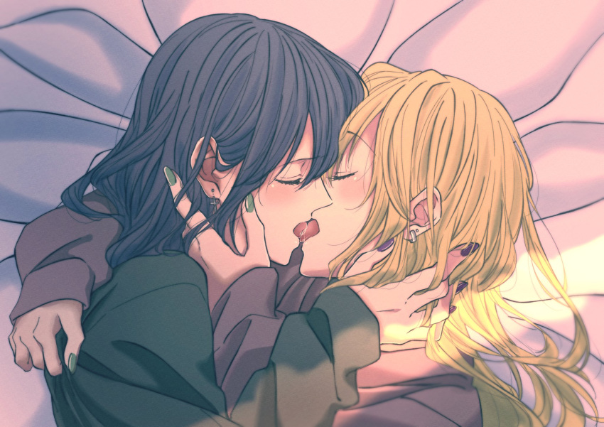 2girls aihara_mei aihara_yuzu bangs black_hair black_sweater blonde_hair citrus_(saburouta) closed_eyes ear_piercing fingernails french_kiss from_side glidesloe green_nails hand_on_another's_neck highres kiss multiple_girls open_mouth piercing purple_nails purple_sweater step-siblings sunlight sweater tongue tongue_out wife_and_wife yuri
