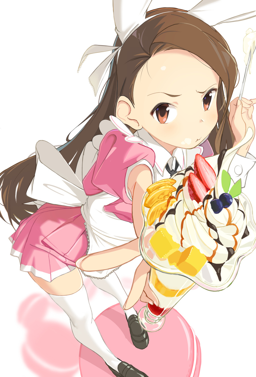 1girl absurdres animal_ears apron black_footwear bow brown_eyes brown_hair bunny_ears closed_mouth fake_animal_ears food food_in_mouth food_on_face fruit highres holding holding_spoon idolmaster idolmaster_(classic) long_hair looking_at_viewer macaron minase_iori nazo_no_niku parfait shoes solo spoon thighhighs waitress white_background white_legwear