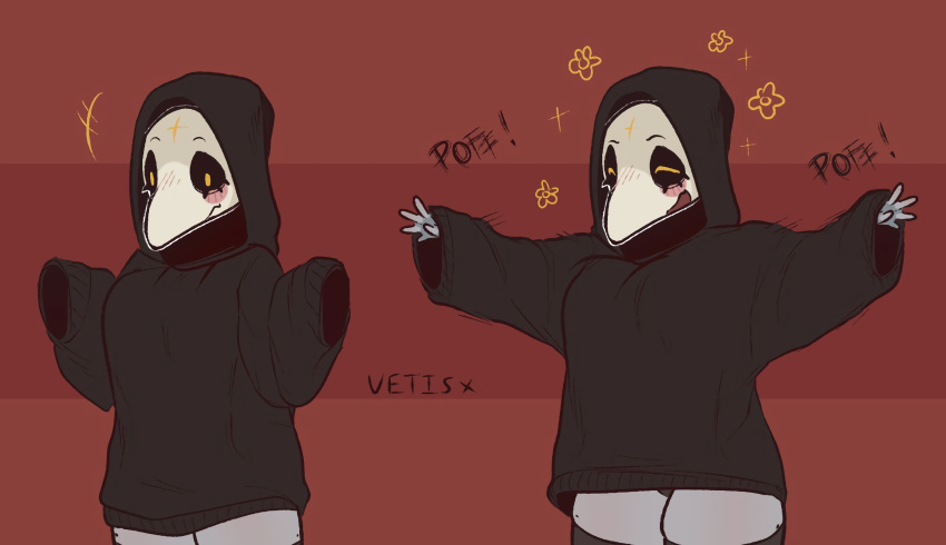 2020 5_fingers big_breasts blush breasts clothed clothing cute_face english_text female fingers grey_body grey_skin hi_res hood hoodie humanoid legwear margaret_(vetisx) mask plague_doctor smile solo text topwear vetisx wide_hips yellow_eyes