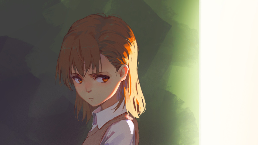 1girl absurdres backlighting bangs brown_eyes brown_hair brown_sweater_vest closed_mouth dress_shirt green_background hair_strand highres looking_back misaka_mikoto pensive profile school_uniform shaded_face shirt solo sweater_vest toaru_kagaku_no_railgun toaru_majutsu_no_index tokiwadai_school_uniform viscum white_shirt