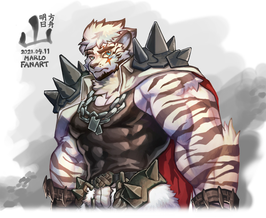 anthro arknights belt biceps blue_eyes clothing digital_media_(artwork) felid fur hair hi_res hypergryph male mammal mountain_(arknights) muscular muscular_anthro muscular_male pantherine scar simple_background solo striped_body striped_fur stripes studio_montagne tiger video_games white_body white_fur wolfmalro