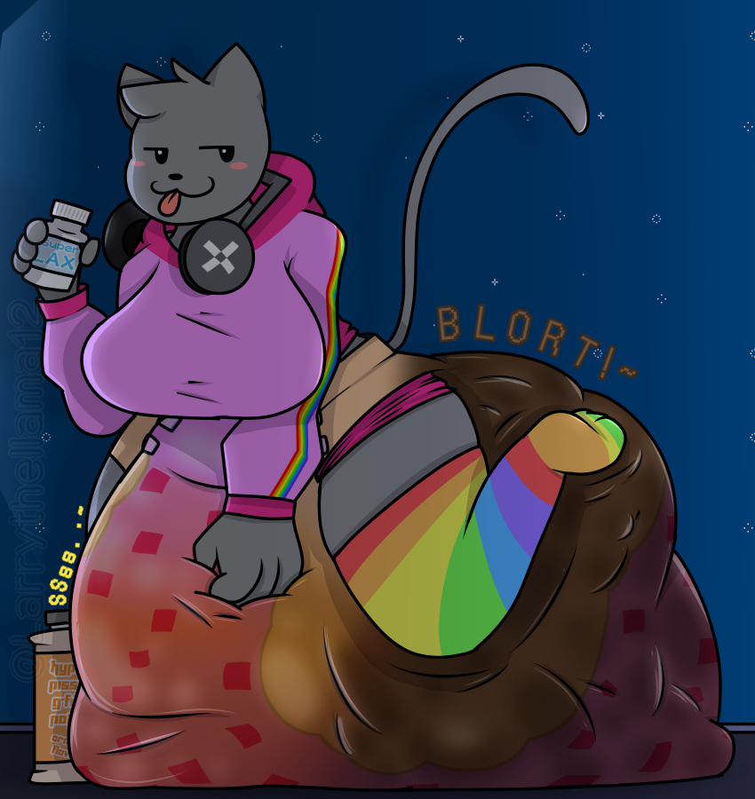 anthro big_breasts bodily_fluids bottle breasts clothing diaper diaper_fetish domestic_cat egirl feces felid feline felis female gaming genital_fluids headphones hi_res hoodie humanoid hyper_messing larrythellama12 laxative legwear mammal meme messy_diaper nyan_cat ozzythegoat15 playing_videogame pooping soiled_diaper soiling soiling_diaper stockings topwear urine wet_diaper wetting wetting_diaper