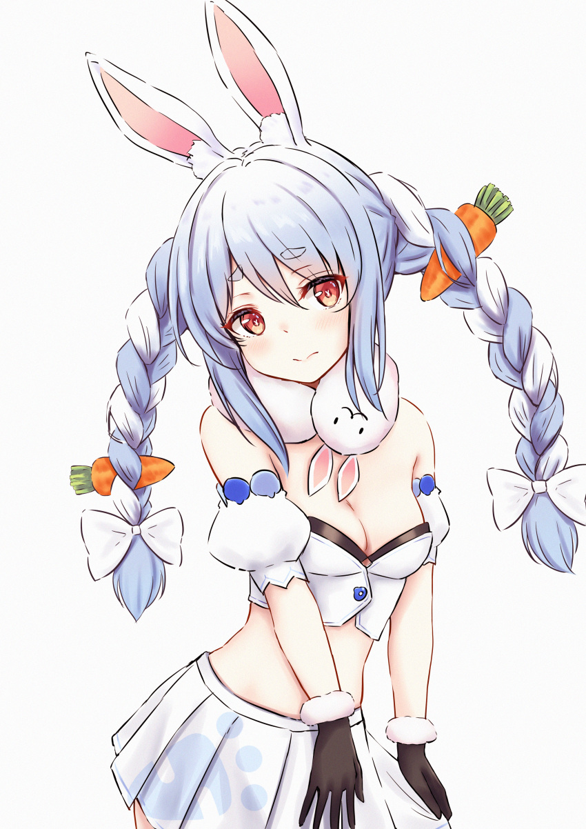 1girl absurdres adjusting_clothes alternate_costume animal_ear_fluff animal_ears bangs bare_shoulders black_bra black_gloves blue_hair bow bra braid breasts bunny-shaped_pupils bunny_ears carrot carrot_hair_ornament cleavage closed_mouth commentary cowboy_shot detached_sleeves don-chan_(usada_pekora) eyebrows_visible_through_hair food_themed_hair_ornament fur-lined_gloves fur-trimmed_gloves fur_scarf fur_trim gloves hair_between_eyes hair_bow hair_ornament hands_on_legs head_tilt highres hikimayu hololive hololive_fantasy huge_filesize light_blush long_hair looking_at_viewer midriff multicolored_hair orange_eyes pikao pleated_skirt puffy_short_sleeves puffy_sleeves rabbit_girl raised_eyebrows ribbon scarf short_eyebrows short_sleeves simple_background skirt skirt_tug small_breasts solo symbol_commentary thick_eyebrows twin_braids two-tone_hair underwear usada_pekora v_arms vest virtual_youtuber white_background white_bow white_hair white_ribbon white_skirt white_sleeves white_vest