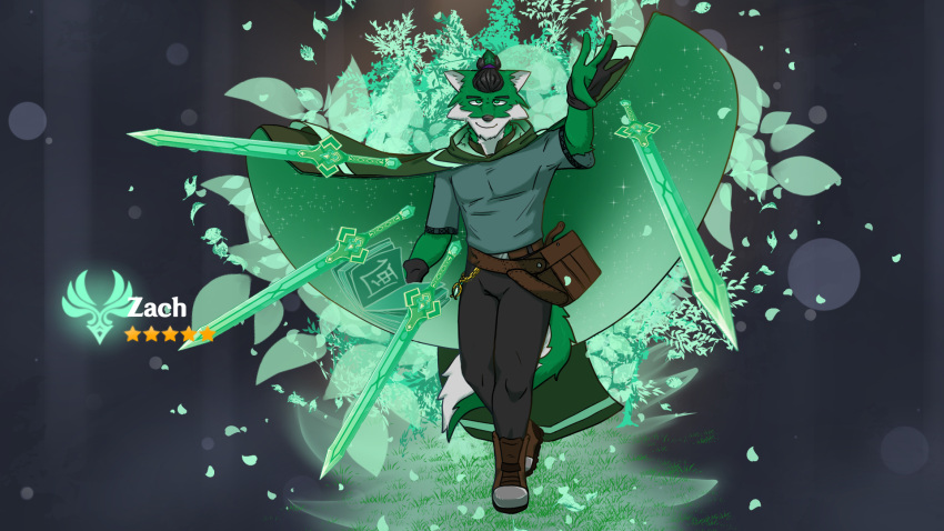 2021 anthro bottomwear canid canine canis cloak clothed clothing digital_media_(artwork) elemental_manipulation fur genshin_impact green_body green_fur hair hi_res hood looking_at_viewer magic male mammal melee_weapon shirt smile solo sword text topwear video_games weapon white_body white_fur wind wolf zachary_aethern zachsroom