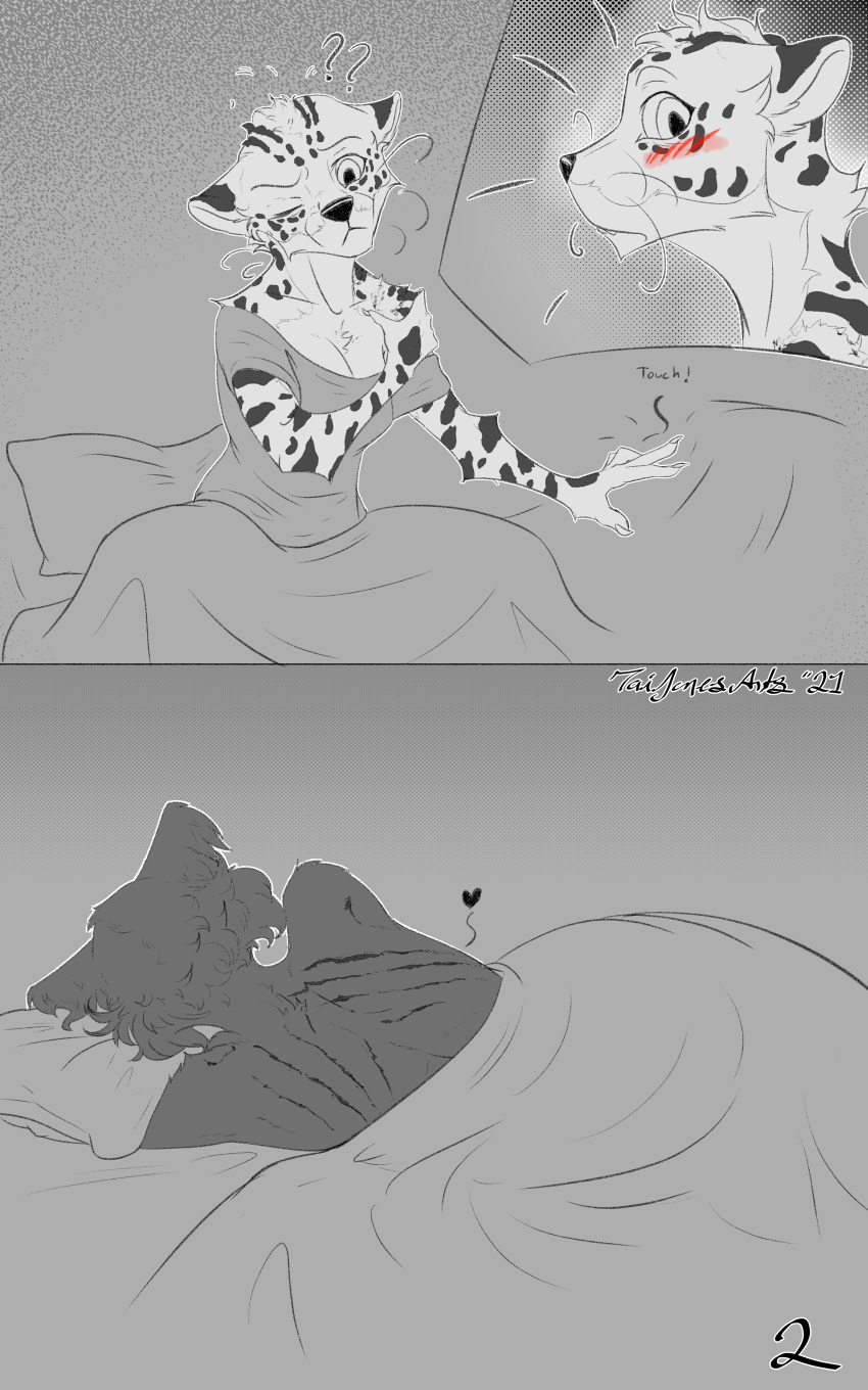 &lt;3 2021 5_fingers ? absurd_res anthro beastars bed bed_covers bedding bite_mark blush breasts canid canine canis cheetah claws cleavage clothed clothed/nude clothed_female_nude_female clothing comic confusion duo english_text fangs feeling felid feline female female/female finger_claws fingers fur furniture greyscale hi_res holding_shoulder juno_(beastars) looking_at_another lying mammal monochrome morning_after nude off_shoulder on_bed on_side one_eye_closed pillow rear_view scratches shiira_(beastars) signature sitting sitting_on_bed sitting_up sleeping sleepwear spot_color spots spotted_body spotted_fur taiarts teeth text tired under_covers whiskers wolf