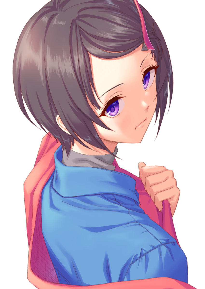 bangs black_hair blue_shirt bvj closed_mouth expressionless eyelashes forehead from_behind grey_sweater hair_ornament hairpin highres holding holding_clothes holding_jacket idolmaster idolmaster_cinderella_girls jacket looking_at_viewer looking_back purple_eyes red_jacket shirayuki_chiyo shirt sidelocks simple_background sweater swept_bangs upper_body white_background