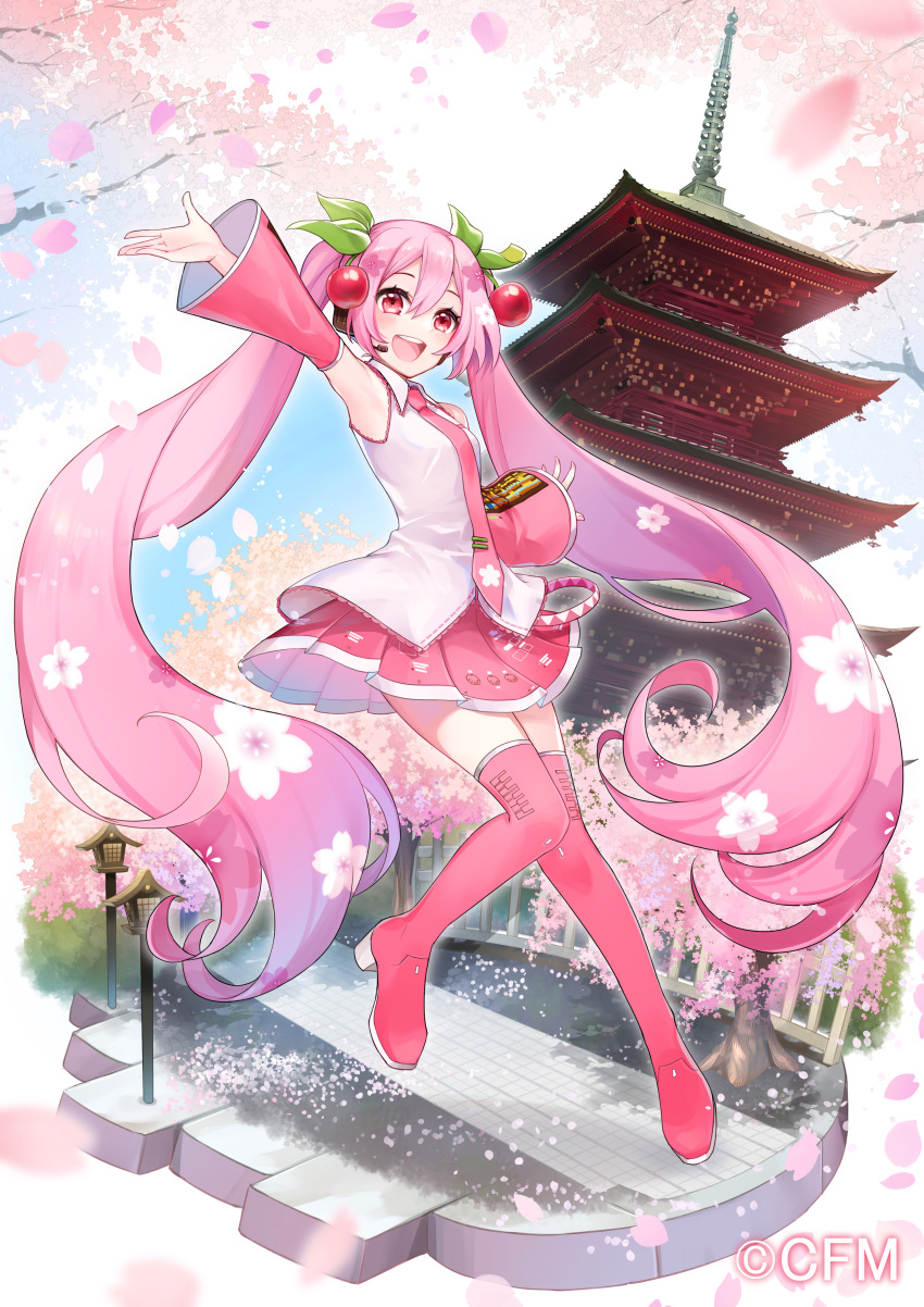 1girl absurdres architecture armpits bare_shoulders belt boots cherry_blossom_print cherry_blossoms cherry_hair_ornament commentary crypton_future_media detached_sleeves east_asian_architecture falling_petals floral_print food_themed_hair_ornament hair_ornament hatsune_miku headphones headset highres lantern long_hair looking_at_viewer mamo_(fortune-mm) miniskirt necktie official_art open_mouth outstretched_arm pagoda petals pink_eyes pink_hair pink_legwear pink_neckwear pink_skirt pleated_skirt road sakura_miku shirt skirt sleeveless sleeveless_shirt smile solo thigh_boots thighhighs tree twintails very_long_hair vocaloid white_shirt