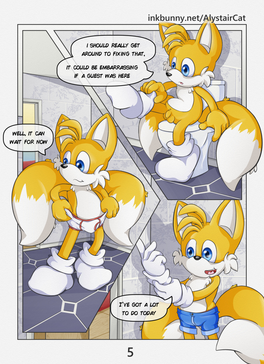 absurd_res alystaircat anthro bottomwear briefs bulge canid canine clothing comic comic_page dressing flaccid footwear fox fur genitals gloves handwear hi_res male mammal miles_prower nude penis shorts socks solo sonic_the_hedgehog_(series) underwear young