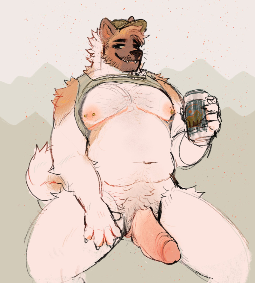 akita andromorph anthro belly beverage beverage_can big_penis body_hair canid canine canis chest_hair clothing desertmotels digital_media_(artwork) domestic_dog facial_hair fluffy genitals hair hat headgear headwear hi_res huge_penis humanoid_genitalia humanoid_penis intersex kai_(desertmotels) male mammal mastectomy_scar nipple_piercing nipples pecs penis piercing scar simple_background slightly_chubby smile solo solo_focus spitz t-dick tongue trans_(lore) trans_man_(lore) visibly_trans