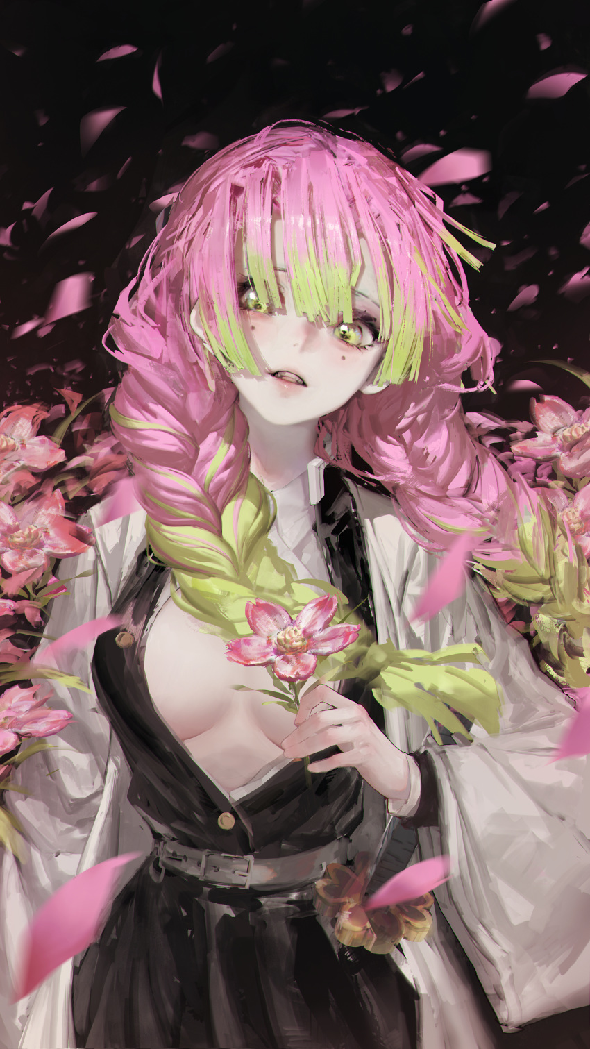 1girl absurdres bangs black_background braid breasts flower green_eyes hair_between_eyes haori highres holding holding_flower huge_filesize japanese_clothes kanroji_mitsuri kimetsu_no_yaiba large_breasts light_green_hair long_hair long_sleeves mole mole_under_eye multicolored_hair open_mouth petals pink_flower pink_hair rsef solo tri_braids wide_sleeves