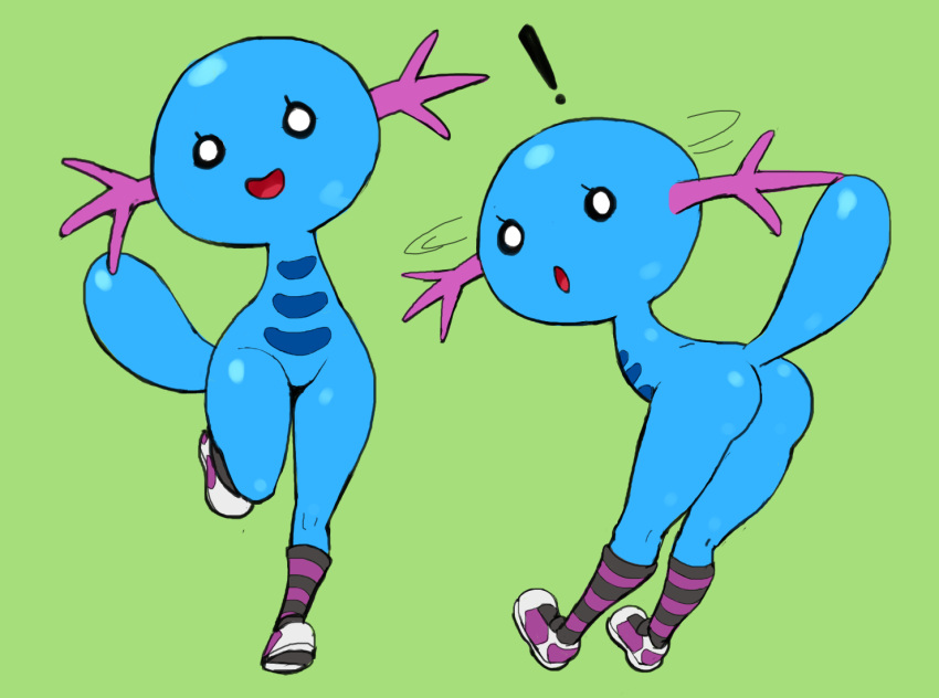 ! anthro armless blue_body blue_skin butt clothing eyelashes featureless_crotch female footwear green_background legwear long_legs looking_back marine mostly_nude nintendo open_mouth outta_sync pattern_clothing pattern_footwear pattern_legwear pattern_socks pok&eacute;mon pok&eacute;mon_(species) raised_tail semi-anthro shoes simple_background smile socks solo striped_clothing striped_footwear striped_socks stripes surprise video_games wide_hips wooper