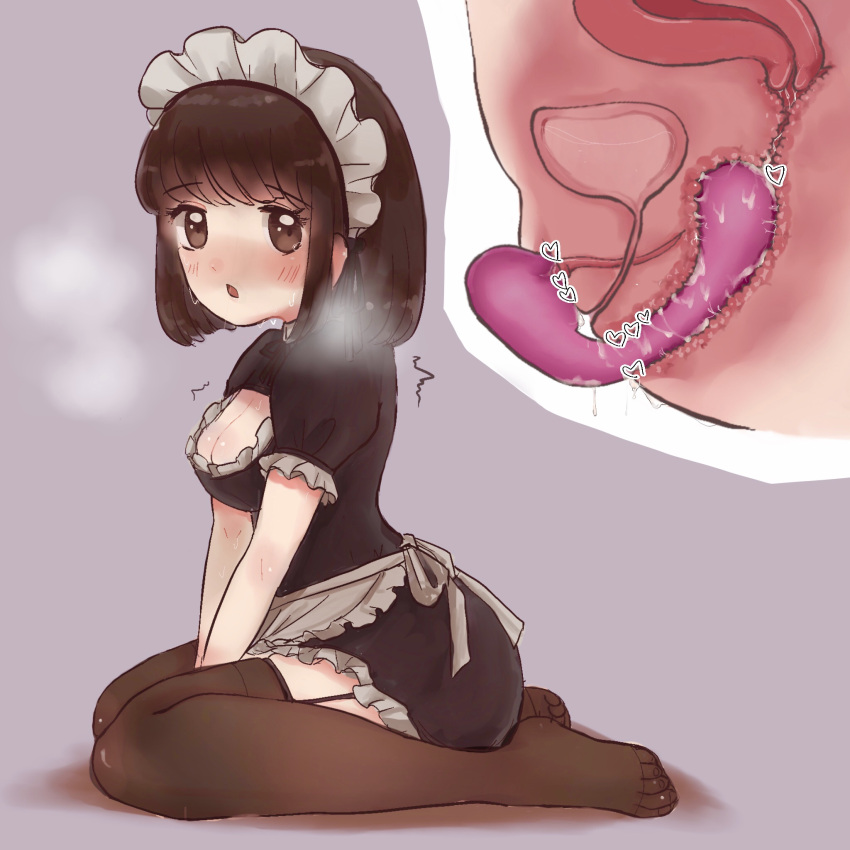 1girl apron bangs between_legs black_dress black_legwear black_neckwear black_ribbon bladder blush breasts breath brown_eyes brown_hair censored cleavage cleavage_cutout clitoral_stimulation clitoris clothing_cutout commentary_request cross-section dildo dress ear_blush eyebrows_visible_through_hair frilled_apron frilled_dress frilled_sleeves frills from_side full_body garter_straps hand_between_legs heart heart_censor highres kakiha_tsukasa looking_at_viewer maid masturbation medium_breasts medium_hair multiple_views neck_ribbon nose_blush object_insertion open_mouth original outline pee puffy_short_sleeves puffy_sleeves purple_background pussy_juice ribbon sex_toy shiny shiny_hair shiny_skin short_sleeves sidelocks simple_background skindentation sweat textless thighhighs trembling uterus v_arms vaginal vaginal_object_insertion vibrator vibrator_under_clothes waist_apron white_apron white_outline zettai_ryouiki