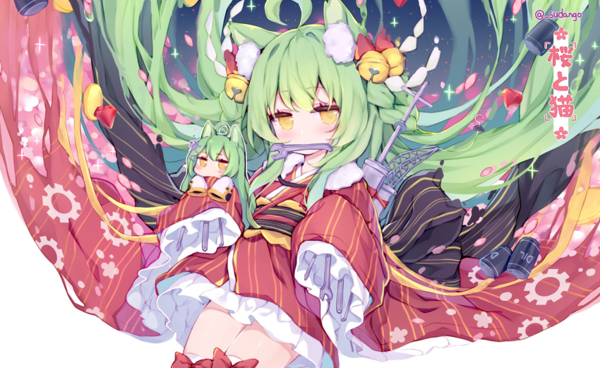 1girl ahoge akashi_(azur_lane) animal_ear_fluff animal_ears azur_lane bell blush cat_ears coin commentary_request drum_(container) eyebrows_visible_through_hair gear_print green_hair hair_bell hair_ornament japanese_clothes jingle_bell kimono long_hair long_sleeves looking_at_viewer mouth_hold simple_background sleeves_past_fingers sleeves_past_wrists sudango thighhighs twitter_username very_long_hair white_background wide_sleeves wrench yellow_eyes yukata