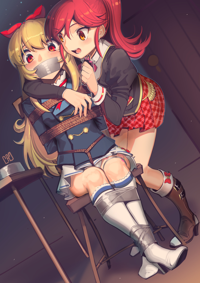 2girls absurdres aikatsu! aikatsu!_(series) arm_around_neck arms_behind_back artist_name bangs bdsm black_jacket blonde_hair blue_jacket blue_legwear blush bondage boots bound bound_ankles bound_arms bow bowtie breast_grab breasts brown_footwear buttons chair commentary commission controller crotch_rope door english_commentary eyebrows_visible_through_hair femdom footwear_bow frilled_legwear full_body gag gagged grabbing hair_bow hand_up happy high_heels highres holding_remote_control hoshimiya_ichigo improvised_gag indoors jacket juliet_sleeves kaddo knee_boots kneehighs leaning_forward legs_together long_hair long_sleeves looking_at_another looking_down miniskirt multiple_girls neck_ribbon nervous on_chair open_mouth orange_eyes otoshiro_seira outline panties pantyshot plaid plaid_skirt pleated_skirt pocket ponytail puffy_sleeves red_bow red_eyes red_hair red_neckwear red_ribbon red_skirt remote_control remote_control_vibrator ribbon rope school_uniform sex_toy shiny shiny_hair shirt sidelocks signature sitting skirt small_breasts smile standing sweat table tape tape_gag tears teeth thigh_strap tied_hair tongue underwear upskirt vibrator vibrator_cord vibrator_under_clothes white_footwear white_panties white_shirt white_skirt yuri