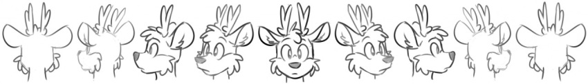 anthro antlers black_and_white cervid darwin_(tinydeerguy) horn long_image looking_away looking_straight male mammal monochrome rotations simple_background sketch solo tinydeerguy white_background wide_image