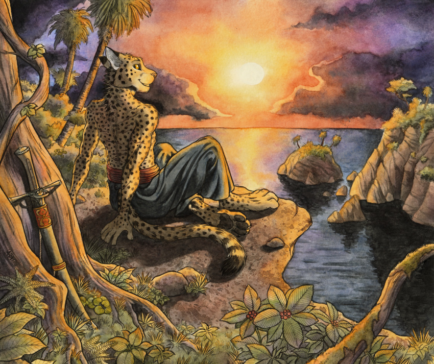 0laffson 2021 4_toes 5_fingers anthro barefoot cheetah day detailed_background feet felid feline fingers grass hi_res male mammal melee_weapon outside plant sky smile solo sword toes traditional_media_(artwork) tree weapon