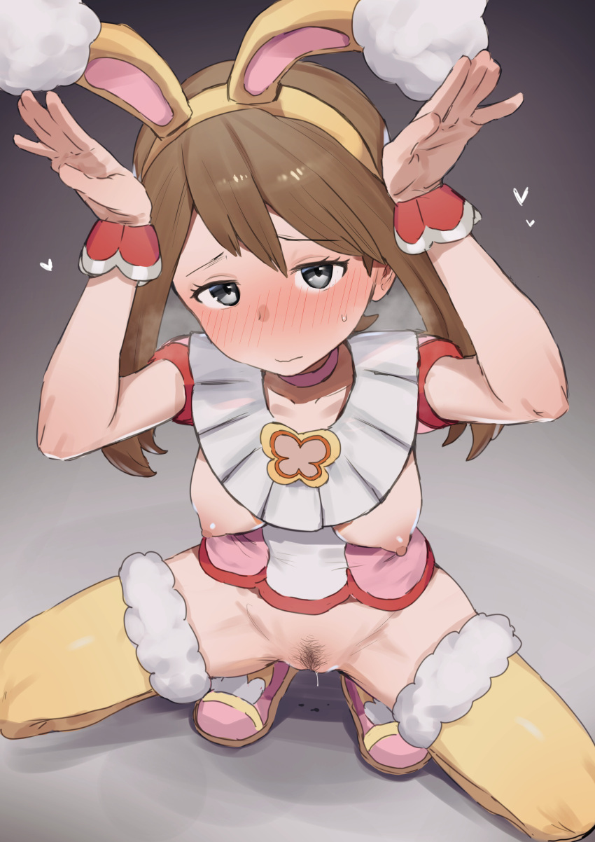 1girl absurdres animal_ears blush breasts brown_hair bunny_ears choker closed_mouth fake_animal_ears female_pubic_hair grey_eyes hairband highres ie_(raarami) long_hair looking_at_viewer may_(pokemon) nipples pokemon pokemon_(game) pokemon_masters_ex pubic_hair solo squatting thighhighs wrist_cuffs yellow_legwear