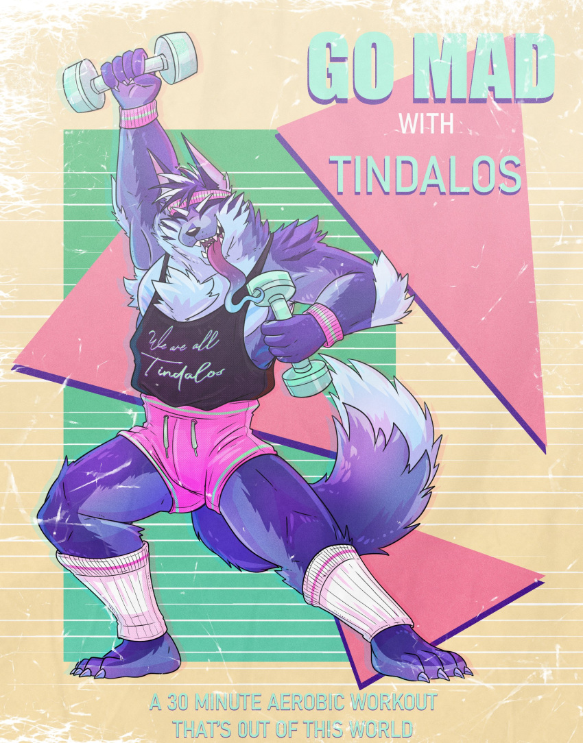 80's_theme absurd_res anthro blue_body blue_fur canid canine canis dumbell fur hi_res humor male mammal muscular muscular_anthro muscular_male pecs rotundfox solo tindalos_(tas) tokyo_afterschool_summoners video_games wolf workout_clothing