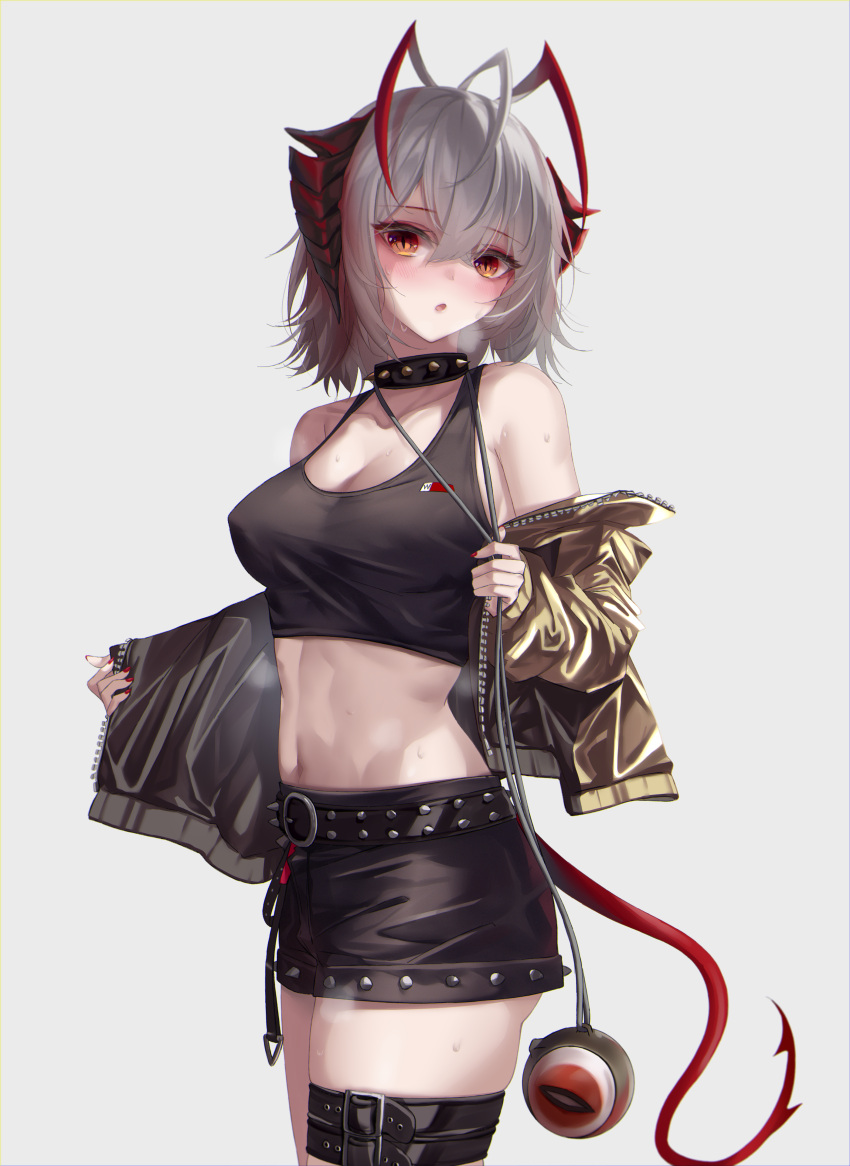 1girl :o absurdres antennae arknights bangs bare_shoulders black_neckwear black_shirt black_shorts blush breasts choker cleavage collarbone crop_top crossed_bangs eyebrows_visible_through_hair from_side gold_jacket grey_background grey_hair highres horns jacket long_sleeves looking_at_viewer medium_breasts midriff nail_polish navel off_shoulder parted_lips red_eyes red_nails shirt shokuyou_koori short_hair short_shorts shorts simple_background sleeveless sleeveless_shirt solo tail thigh_strap w_(arknights)