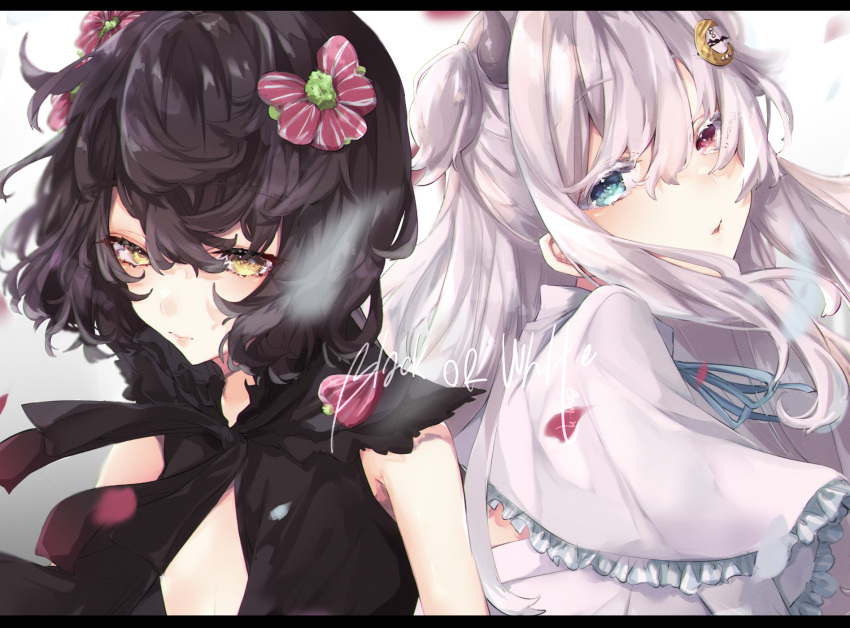 2girls bangs black_dress black_hair blue_eyes blue_ribbon bow brown_eyes capelet closed_mouth color_switch colored_eyelashes crescent crescent_hair_ornament demon_horns dress eyebrows_visible_through_hair frilled_capelet frills hair_between_eyes hair_bow hair_ornament heterochromia highres hiko_(zem_n) horns kudou_chitose letterboxed looking_at_viewer multiple_girls nijisanji parted_lips petals red_bow red_eyes ribbon sleeveless sleeveless_dress striped striped_bow two_side_up virtual_youtuber white_capelet white_dress white_hair yuzuki_roa