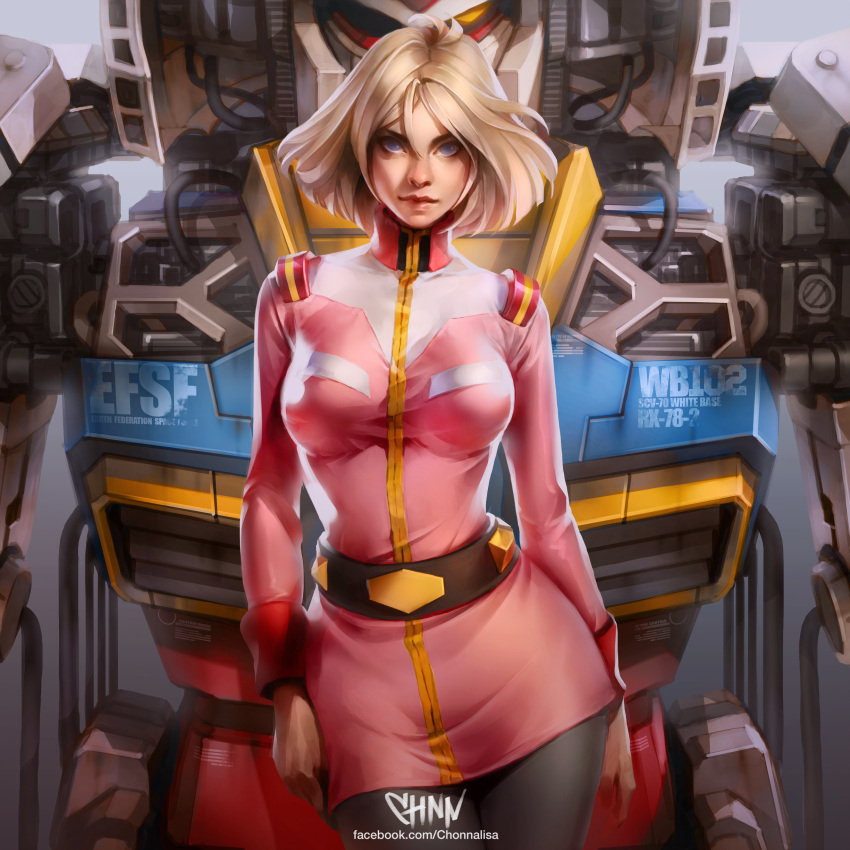 1girl absurdres belt blonde_hair blue_eyes breasts cable chanon_suasungnern floating_hair gundam highres jacket mecha medium_breasts military military_uniform mobile_suit mobile_suit_gundam nose pink_jacket rx-78-2 sayla_mass science_fiction solo_focus uniform watermark web_address yellow_eyes