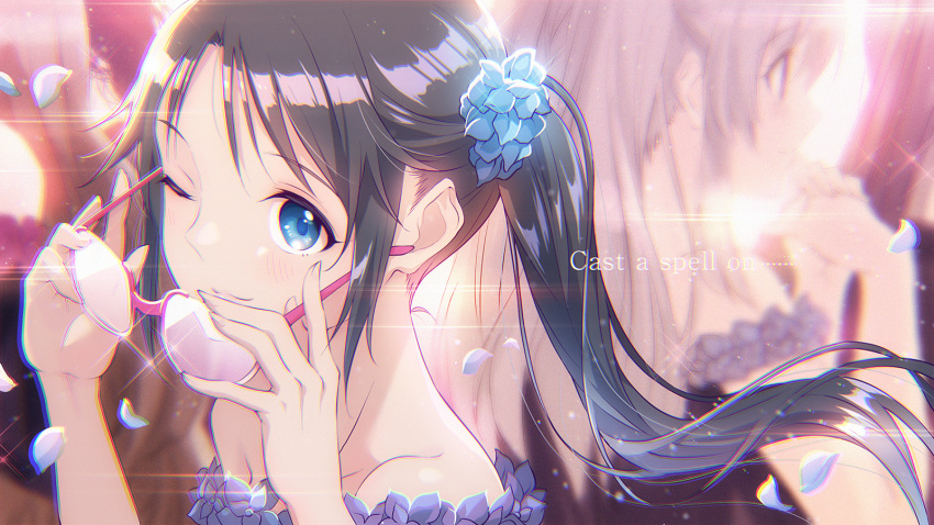 5girls aqua_eyes bare_shoulders black_hair blurry blush depth_of_field dress english_text flower flower_(symbol) from_side glasses glint hair_flower hair_ornament hands_up head_out_of_frame highres holding holding_eyewear idol idolmaster idolmaster_shiny_colors l'antica_(idolmaster) looking_at_viewer looking_to_the_side mitsumine_yuika multiple_girls off-shoulder_dress off_shoulder one_eye_closed petals pink-framed_eyewear portrait profile removing_eyewear riyo_(riyontoko) shirase_sakuya sidelocks smile solo_focus tanaka_mamimi tsukioka_kogane twintails yuukoku_kiriko