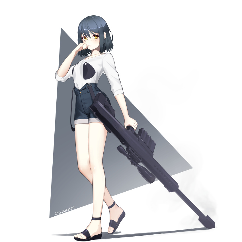 1girl absurdres anti-materiel_rifle bare_legs barrett_m82 black_footwear black_hair black_shorts bob_cut glasses gun high-waist_shorts highres holding holding_gun holding_weapon original patatatan rifle sandals shadow shirt short_hair short_shorts shorts sniper_rifle solo suspender_shorts suspenders suspenders_hanging walking weapon white_shirt yellow_eyes