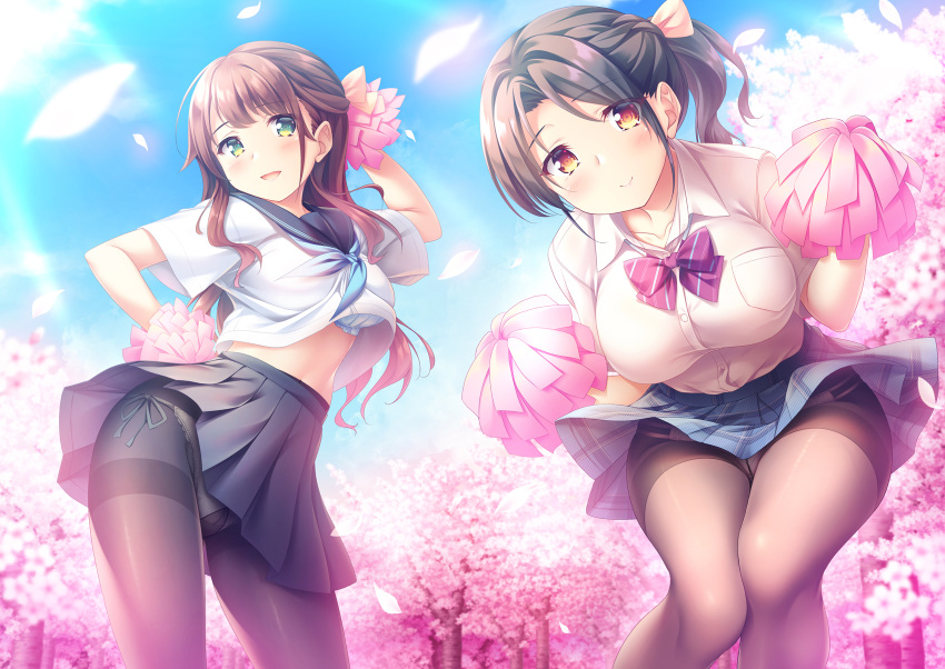 2girls bra cheerleader cherry_blossoms flowers original panties pantyhose shirt_lift skirt_lift tree underwear yuurei_yashiki