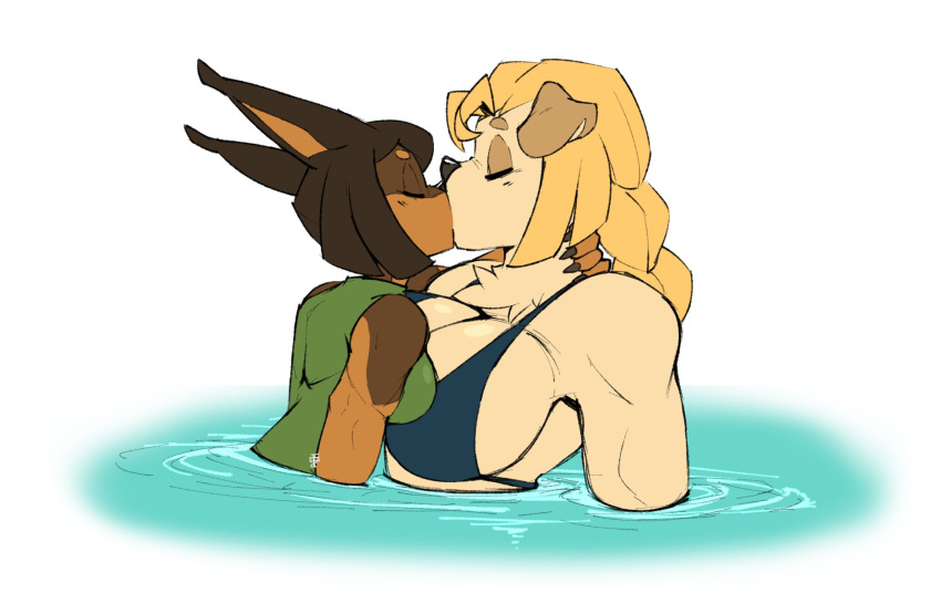 2021 anthro big_breasts bikini bird_dog braided_ponytail breasts canid canine canis clothing conniesky3 dobermann dog_knight_rpg domestic_dog duo eyes_closed female female/female golden_retriever hi_res hunting_dog jeane_(ceehaz) kissing mammal partially_submerged pinscher retriever rory_(ceehaz) swimwear