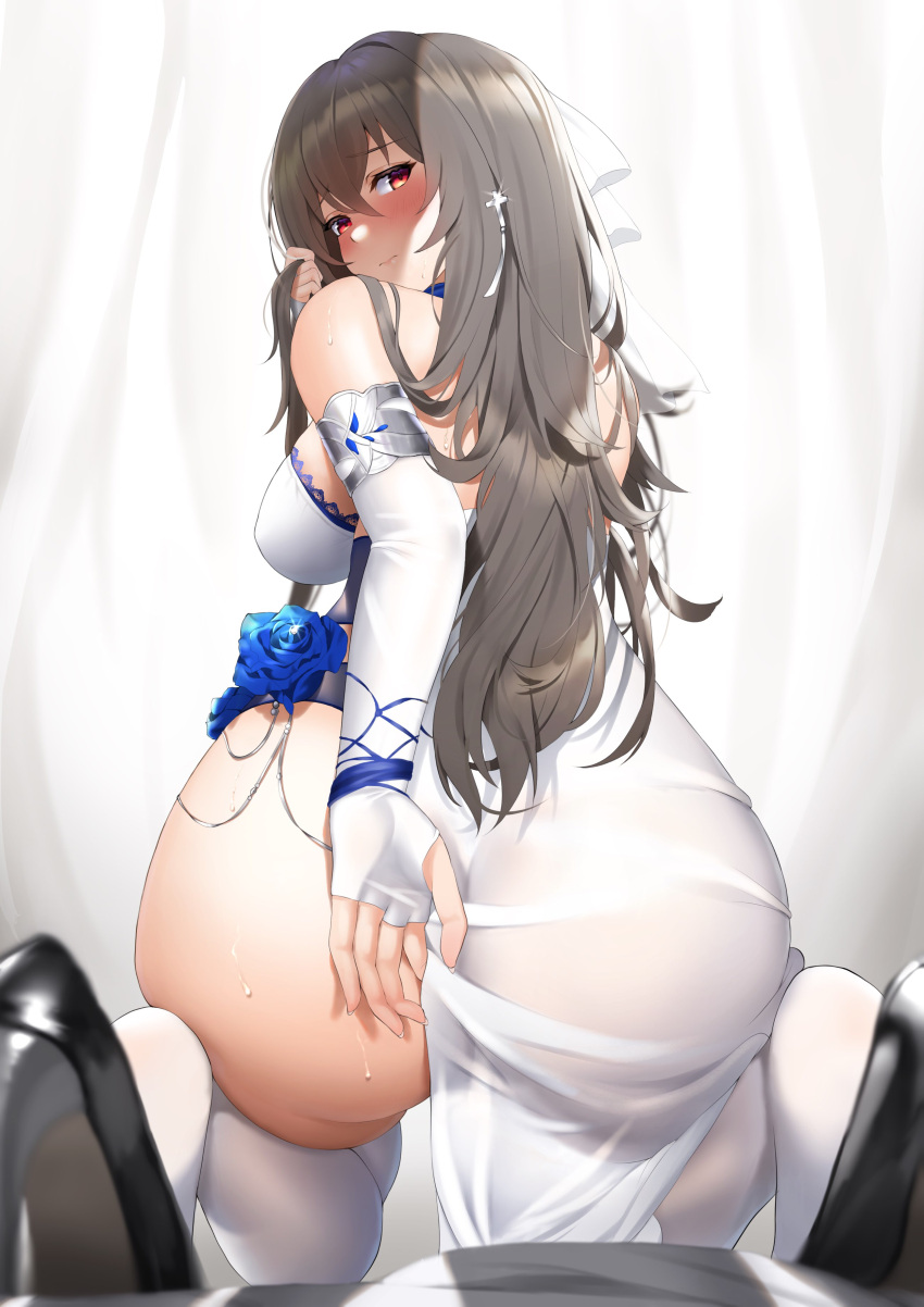 1girl absurdres ass ass_focus azur_lane bangs bare_shoulders black_footwear blue_flower blush breasts brown_hair covering curtains dress elbow_gloves eyebrows_visible_through_hair fingerless_gloves flower from_behind futon_fly_away gauntlets gloves hair_between_eyes hair_ornament hair_scarf high_heels highres holding holding_clothes holding_dress huge_ass large_breasts long_hair looking_at_viewer looking_back official_alternate_costume parted_lips red_eyes saint-louis_(azur_lane) saint-louis_(holy_knight's_resplendence)_(azur_lane) scarf see-through seiza sitting solo sweat thighhighs white_curtains white_dress white_gloves white_legwear white_scarf
