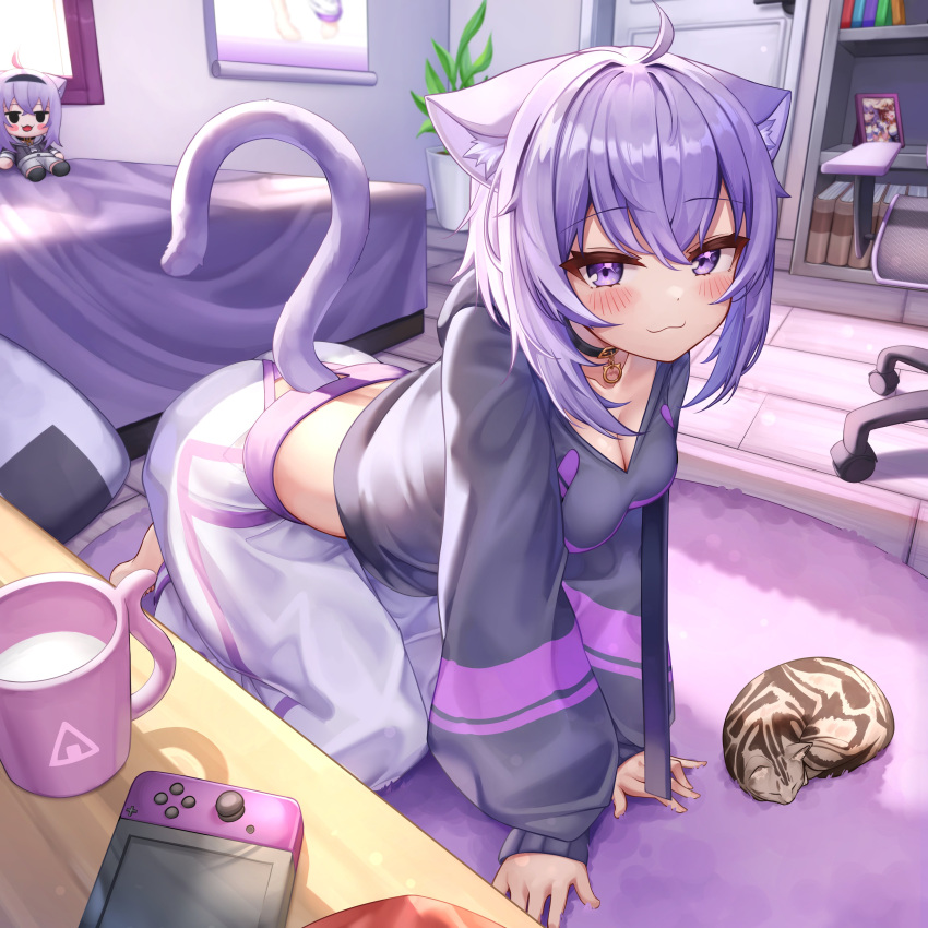 1girl :3 absurdres ahoge all_fours animal animal_ear_fluff animal_ears bangs barefoot bed black_sweater blush breasts carpet cat cat_ears cat_girl cat_tail character_doll cleavage closed_mouth clothing_cutout collar collarbone cup cushion deaver eyebrows_visible_through_hair full_body highres hololive indoors inugami_korone long_sleeves looking_at_viewer medium_breasts milk mug nekomata_okayu nintendo_switch pants photo_(object) plant potted_plant purple_eyes purple_hair short_hair smile solo sweater table tail tail_cutout virtual_youtuber white_pants wooden_floor