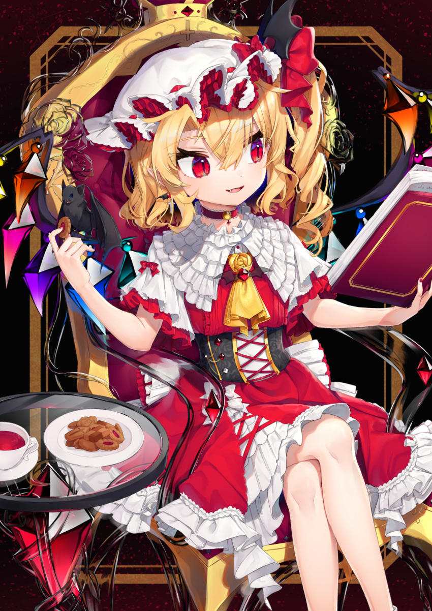 1girl :d ascot bangs bat blonde_hair book bow breasts brooch choker commentary_request cookie corset cross-laced_clothes crossed_legs crystal cup dress drill_hair embellished_costume eyebrows_visible_through_hair feet_out_of_frame flandre_scarlet flower food frills gunjou_row hair_between_eyes hair_bow hands_up hat hat_bow highres holding holding_book jewelry light_blush looking_to_the_side mob_cap nail_polish one_side_up open_book open_mouth petticoat plate reading red_background red_bow red_choker red_dress red_eyes red_nails rose saucer short_hair sitting slit_pupils small_breasts smile solo table teacup touhou wavy_hair white_headwear wings yellow_flower yellow_neckwear yellow_rose