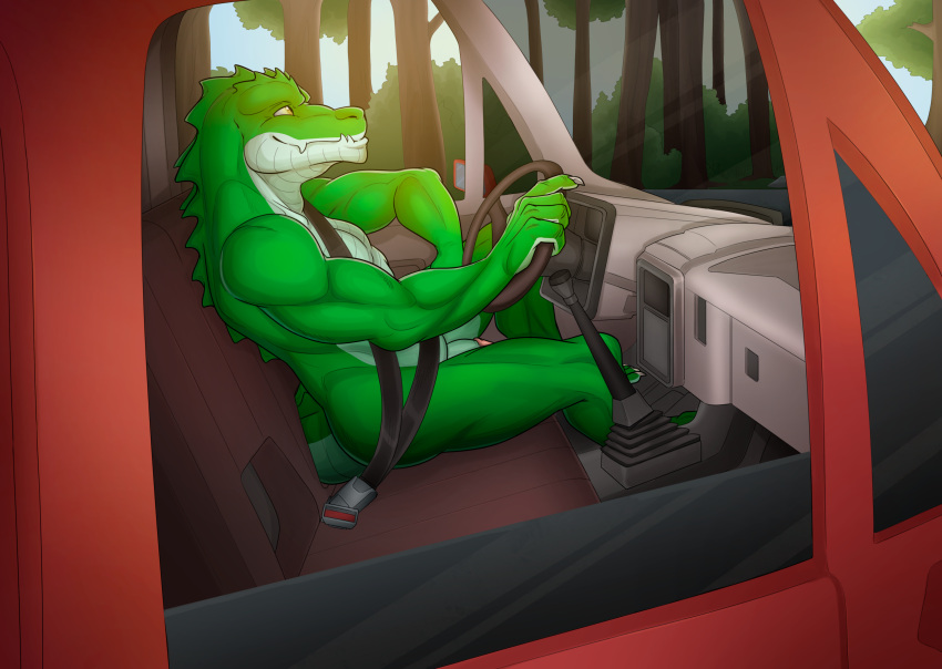 5_fingers absurd_res alligator alligatorid anthro barely_visible_genitalia barely_visible_penis car cregon crocodile crocodilian crocodylid driving fingers forest genitals green_body green_scales hi_res humanoid_genitalia humanoid_penis inside_car male multicolored_body multicolored_scales muscular muscular_anthro muscular_male nude penis plant redgreendied reptile scales scalie seatbelt solo steering_wheel tree two_tone_body two_tone_scales vehicle white_body white_scales yellow_eyes