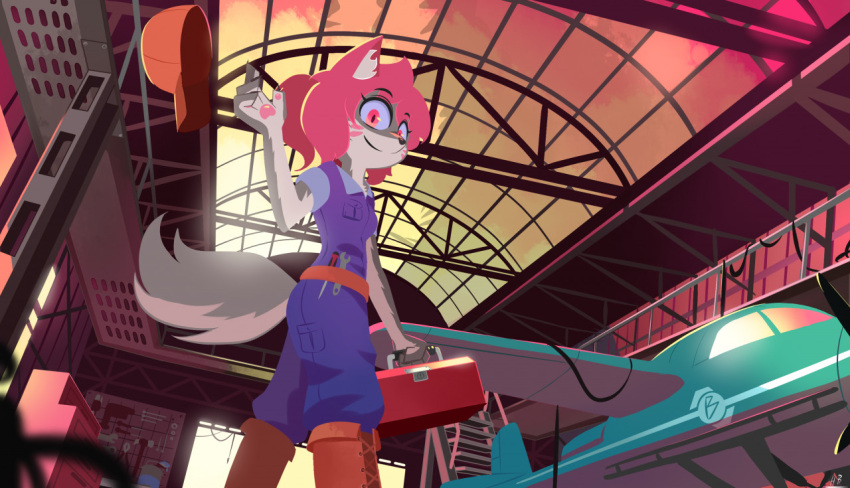 aircraft airplane anthro better_version_at_source blue_clothing clothing female fur grey_body grey_fur hair hat headgear headwear hydrabb pawpads pink_hair red_eyes red_sky sky solo throwing_object tool_belt toolbox tools walkway white_body white_fur window workshop