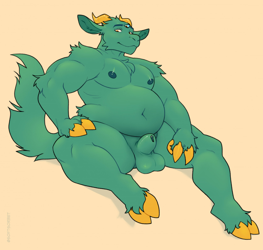 2021 3_eyes anthro balls biped bovid caprine character_request chubby_male fur genitals goat green_body green_fur hi_res hooved_hands hooves male mammal multi_eye musclegut nipples nude penis simple_background sitting smile softsorbet solo yellow_background yellow_hooves