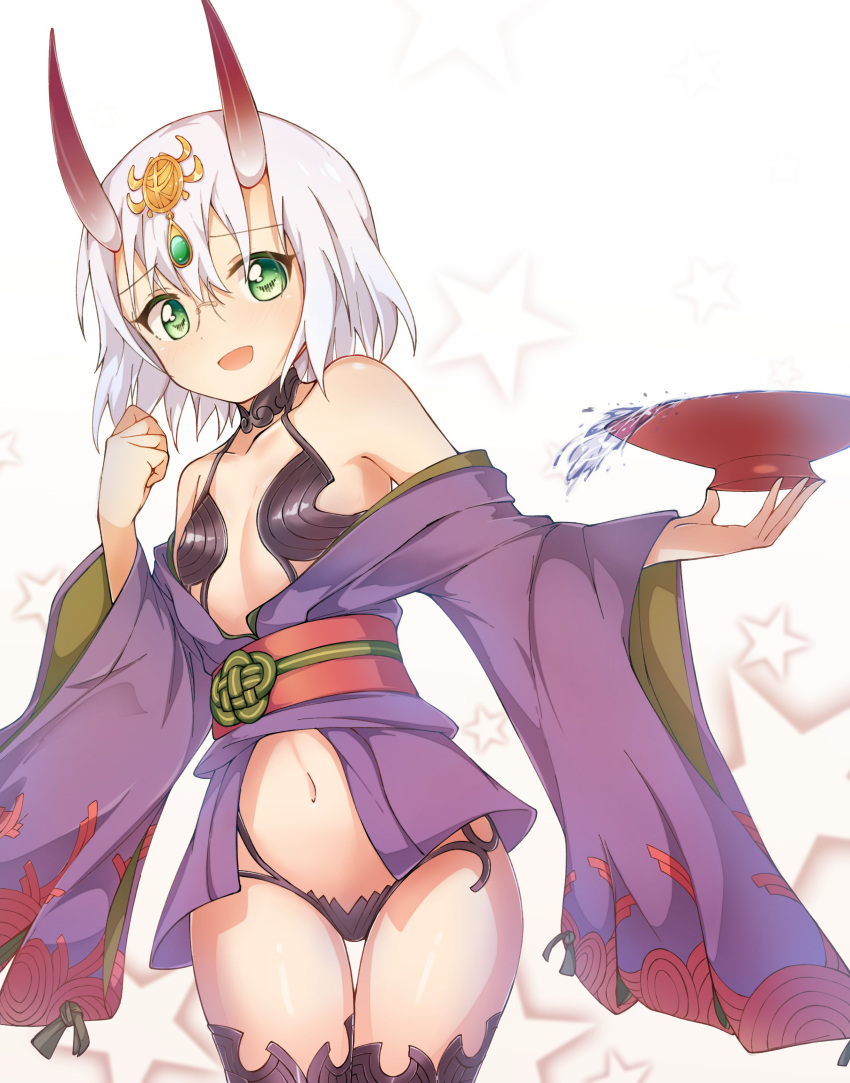 1girl absurdres alcohol breasts cosplay crossover cup fake_horns fate/grand_order fate_(series) green_eyes headpiece highres horns ikeda_chizuru japanese_clothes kimono oni_horns open_clothes open_kimono pizza_(artist) purple_kimono revealing_clothes sakazuki sake short_hair shuten_douji_(fate) shuten_douji_(fate)_(cosplay) small_breasts white_hair wide_sleeves yuru_yuri