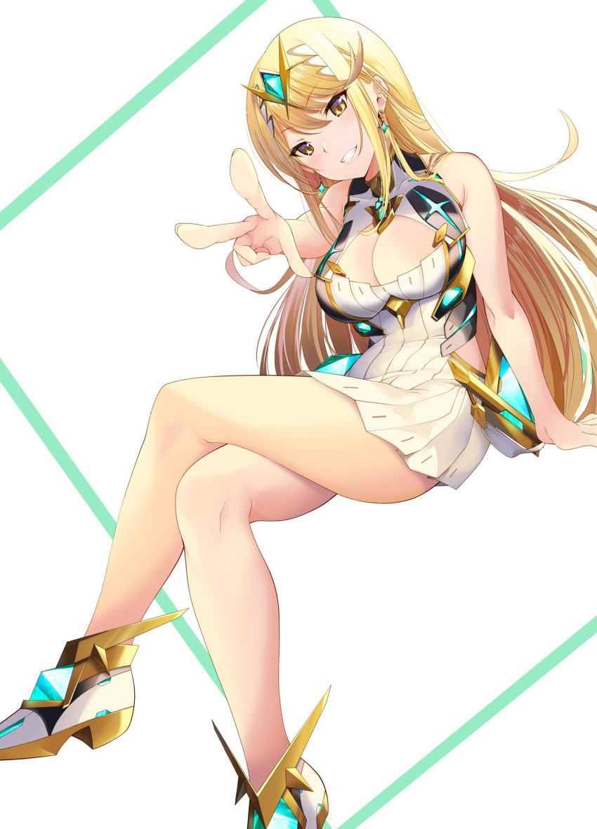 bangs bare_legs bare_shoulders blonde_hair breasts chest_jewel cleavage_cutout clothing_cutout daive dress earrings elbow_gloves gloves highres jewelry large_breasts long_hair mythra_(xenoblade) short_dress swept_bangs thigh_strap tiara very_long_hair white_dress white_footwear white_gloves xenoblade_chronicles_(series) xenoblade_chronicles_2 yellow_eyes