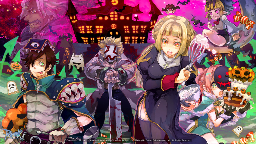 3boys 3girls :p @_@ armor bangs bat batter beard beholder_(ragnarok_online) belt black_dress black_legwear black_leotard blonde_hair blood bloody_clothes bloody_murderer bloody_weapon blue_cape blue_pants blush bowl breastplate brown_belt brown_gloves cake candy cape capelet closed_mouth coat commentary_request copyright cowboy_shot creator_(ragnarok_online) crescent_moon dated demon deviruchi double_bun dress facial_hair fence food fur-trimmed_capelet fur-trimmed_gloves fur_trim garter_straps ghost gloves green_cape green_dress green_eyes hair_over_one_eye halloween hand_wraps high_wizard_(ragnarok_online) highres holding holding_bowl jack-o'-lantern juliet_sleeves leotard leotard_under_clothes living_clothes loli_ruri long_hair long_sleeves looking_at_viewer mansion mask mask_on_head medium_hair monster moon multiple_boys multiple_girls official_art open_clothes open_coat open_mouth orange_eyes pants pink_eyes pink_hair pointy_ears pouch priest_(ragnarok_online) puffy_sleeves pumpkin purple_sky ragnarok_online reload9_yohji rideword_(ragnarok_online) shirt short_dress short_hair signature smile strapless strapless_dress teeth thighhighs tongue tongue_out two-tone_dress wallpaper watermark weapon whisk whisper_(ragnarok_online) white_coat white_dress white_gloves white_hair white_shirt