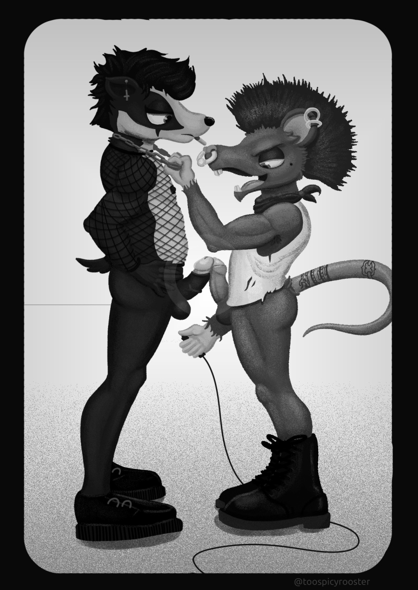 anthro badger balls black_and_white black_border boots border butt cigarette clothed clothing digital_media_(artwork) duo ear_piercing erection facial_piercing footwear foreskin frottage fur genitals greyscale hair hi_res humanoid_genitalia humanoid_penis male male/male mammal mohawk monochrome murid murine mustelid musteline nipples nose_piercing nose_ring open_mouth partially_clothed penis piercing plantigrade punk rat ritchie_(spicyrooster) rodent septum_piercing sex shaded signature simple_background spicyrooster tattoo tongue topwear uncut
