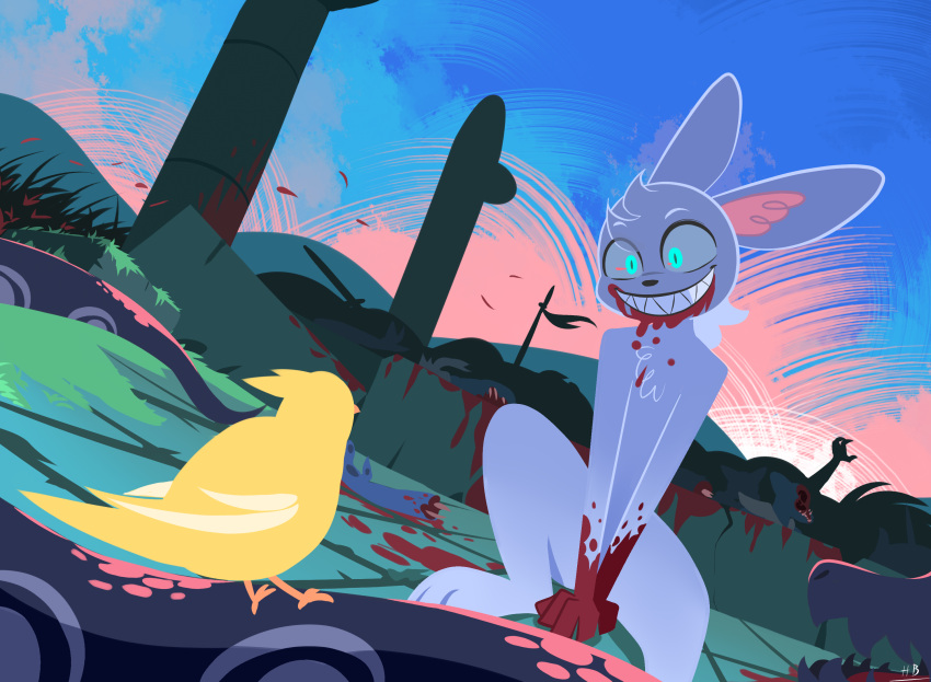 anthro avian big_ears bird blood blue_eyes blue_sky bodies bodily_fluids bone feathers grass hi_res hydrabb lagomorph leporid mammal pillar plant rabbit reptile scalie sky snake solo wide_smile yellow_body yellow_feathers